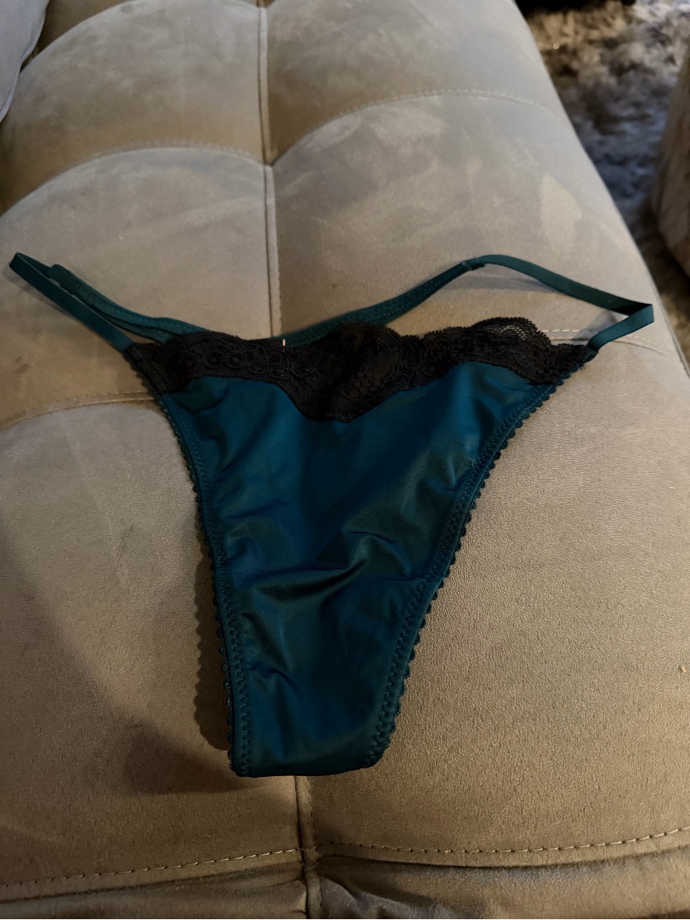 Victoria's Secret Teal Thong with Black Lace Trim